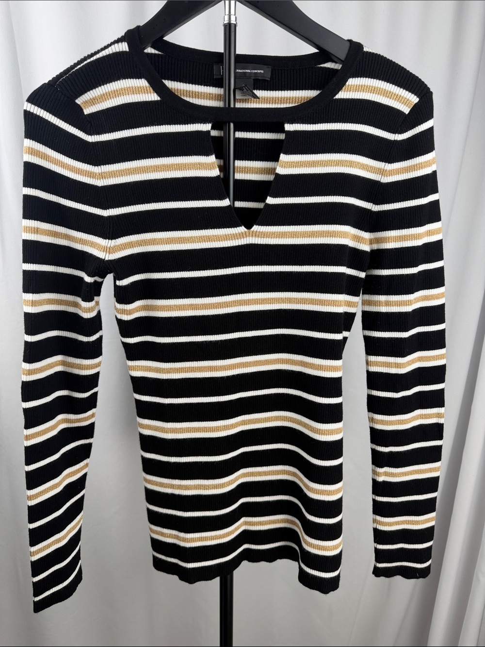 Striped Black Crewneck Sweater with Gold & White Accents